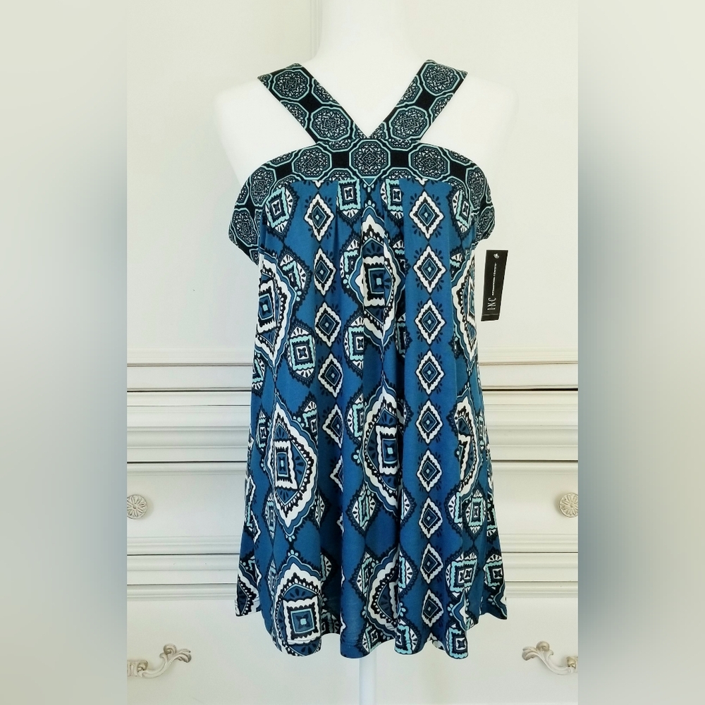 INC International Concepts Blue Medallion Print Sleeveless Tunic Tank Top XL NWT